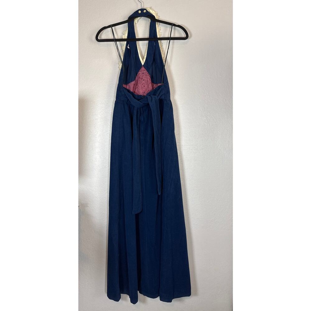 Vintage Navy Blue Halter Dress Lace Collar Cottage Luxe Small 7 Velour Victorian - Picture 5 of 7